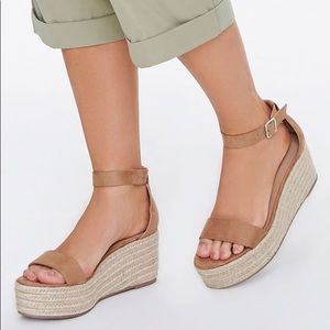 Tan open toed Espadrille platform wedges